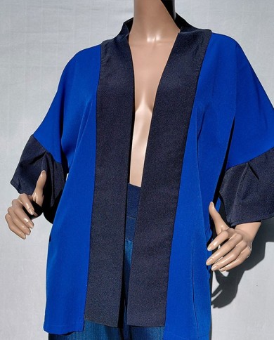 Veste Par-dessus Col Kimono Bi-color Bleu