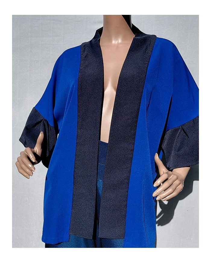 Veste Par-dessus Col Kimono Bi-color Bleu