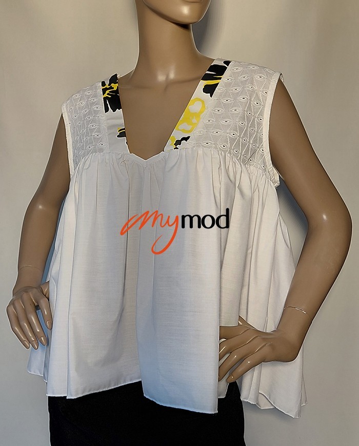 Top évasé col V blanc broderie anglaise | MYMOD