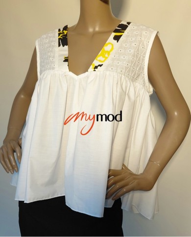 Top évasé col V blanc broderie anglaise | MYMOD