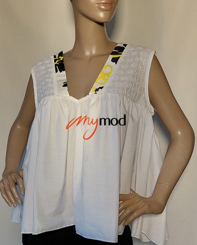 Top évasé col V blanc broderie anglaise | MYMOD