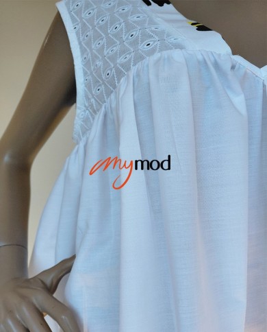 Top évasé col V blanc broderie anglaise | MYMOD