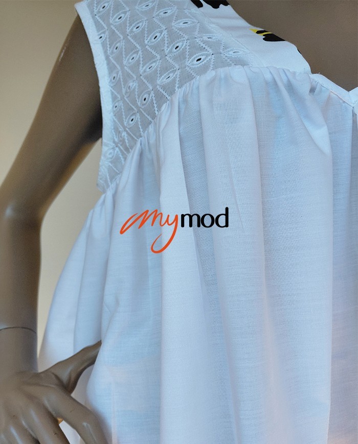 Top évasé col V blanc broderie anglaise | MYMOD