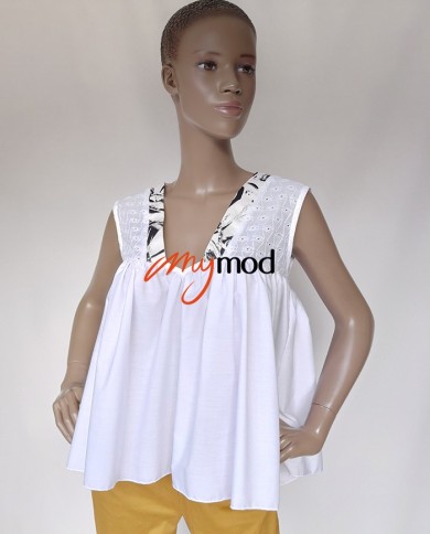 Top évasé col V blanc dentelle et noir | MYMOD