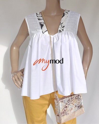 Top évasé col V blanc dentelle et noir | MYMOD