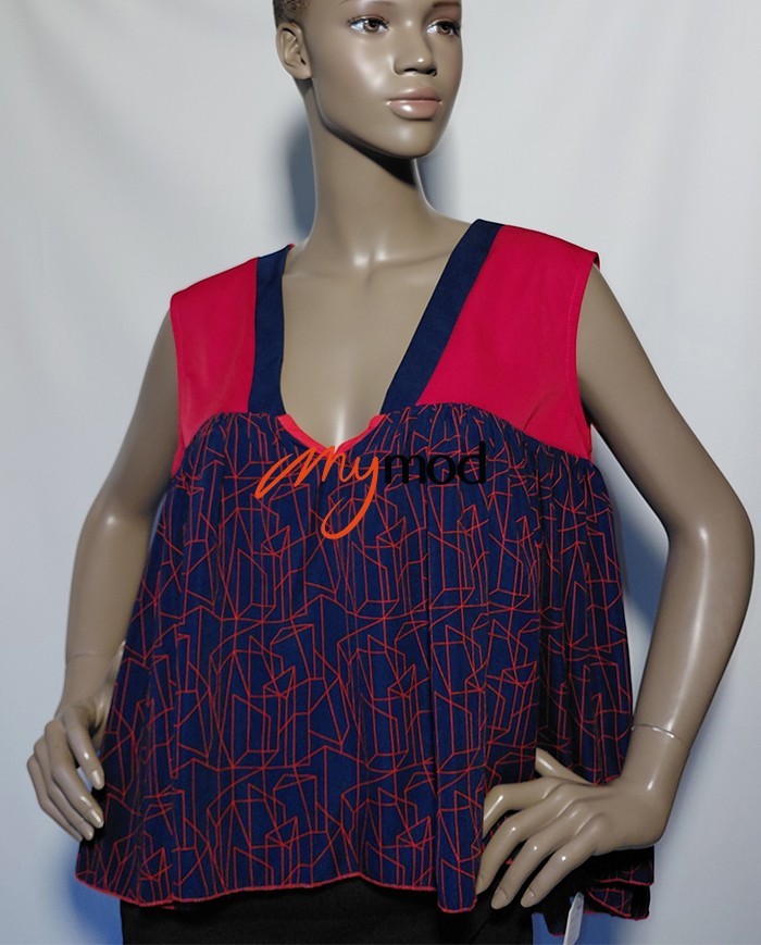 Top évasé col V rouge et bleu fluide | MYMOD