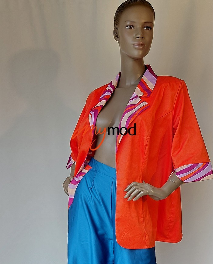 Veste tailleur imprimée manches ¾ coton | MYMOD
