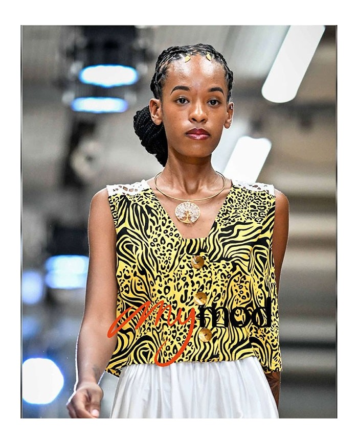 Yellow zebra print button-up crop top